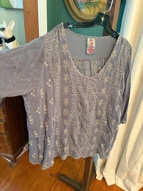 Johnny Was Embroidered Gray Boho Tunic Top